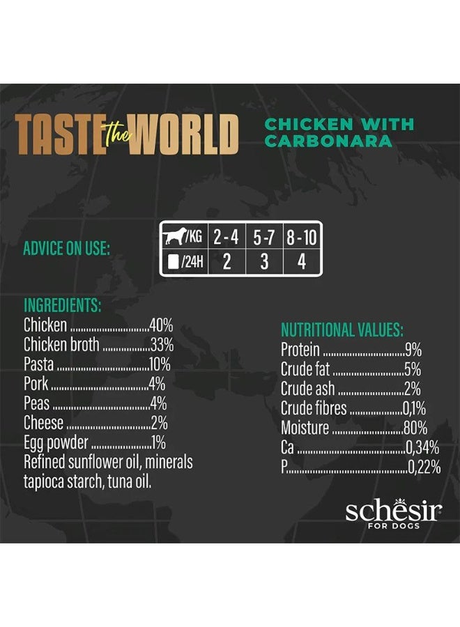 Schesir Taste The World Chicken with Carbonara Wet Dog Food 150g Pack of 8 | Complete Gourmet Chicken, Pasta & Pork Recipe with Hydrating Broth - Image 4